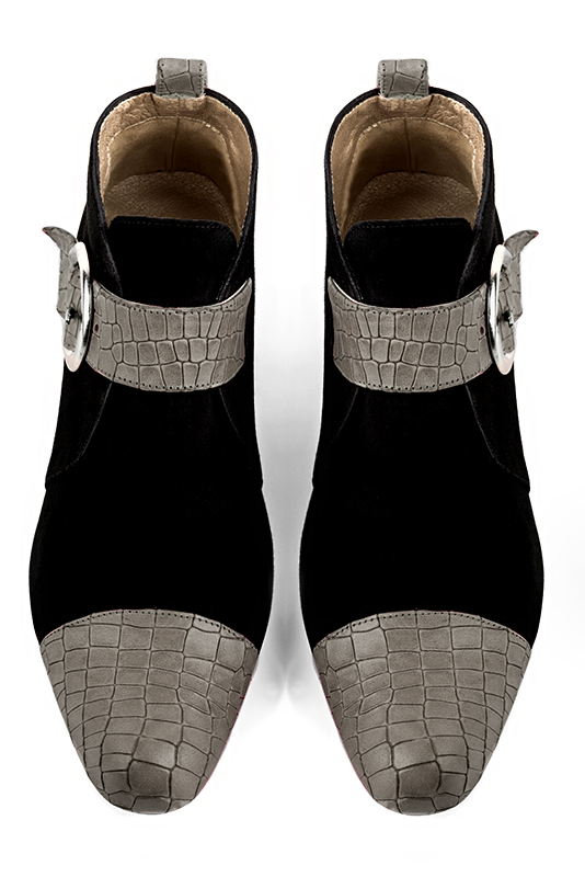 Ash grey and matt black women's ankle boots with buckles at the front. Round toe. Low flare heels. Top view - Florence KOOIJMAN
